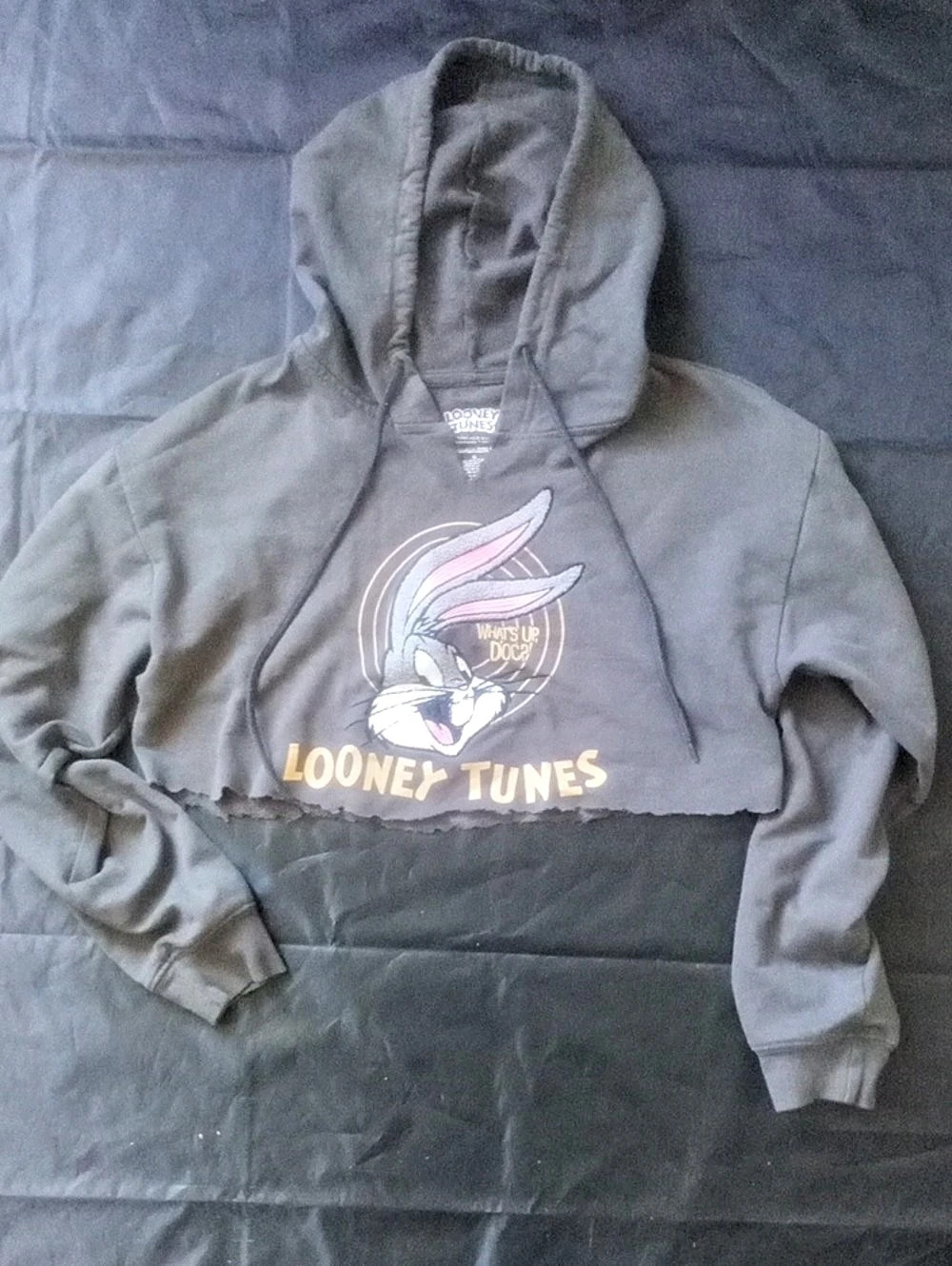 Warner Bros. Looney Tunes Bugs Bunny What's Up Doc Crop Hoodie. Gray & Black